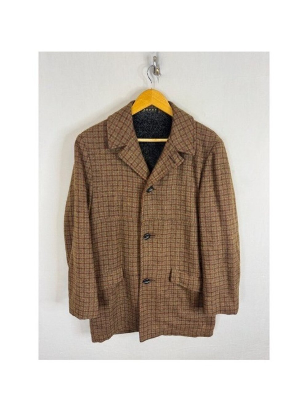 Vintage 70s Target Canada Brown Plaid Wool Orlon Pile Lined Car Coat Mens 38